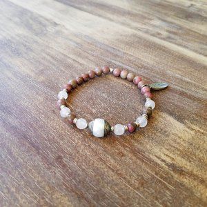 Rhodonite & Rose Quartz Bracelet with a Silver Repousse capped Pearl